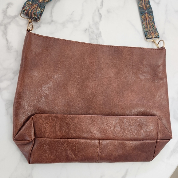 Unisex Dark Brown Tote Bag With Patterned Boho Strap - Picture 5 of 13